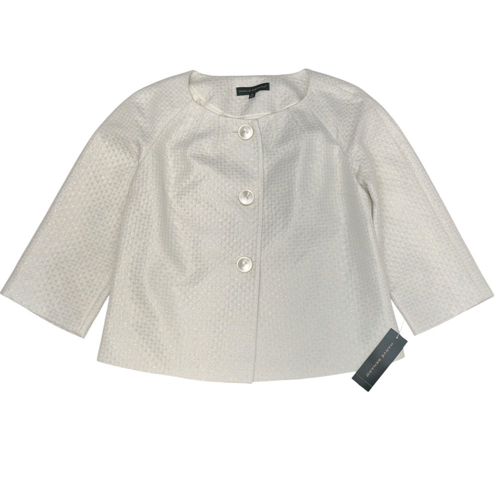 NEW Harve Benard White Metallic Textured Cropped Jacket Women's M 3/4 Sleeve